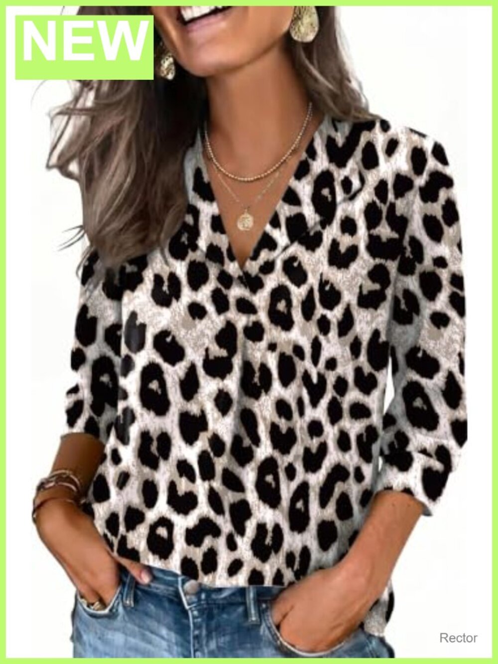 Womens 3/4 Sleeve V-Neck Business Casual Blouse Relaxed Fit Summer Top
